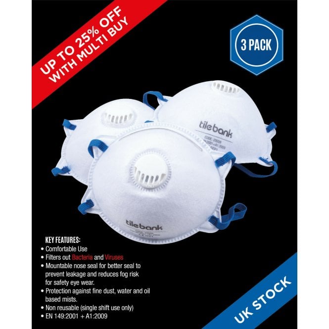 Tile Bank 3 x Dust Mask FFP1 Approved Face Mask Valve Adjustable Strip Bacteria Filtration