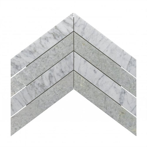 Carrara & Forest Green Honed Marble 26.2cm x 43.1cm Chevron Mosaic Tile
