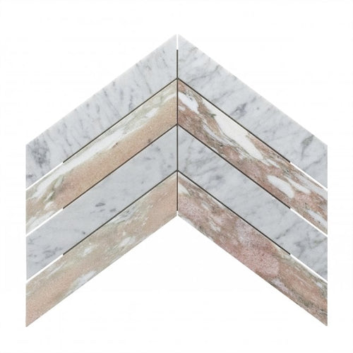 Carrara & Norwegian Rose Honed Marble 26.2cm x 43.1cm Chevron Mosaic Tile