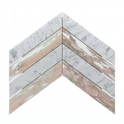 Carrara & Norwegian Rose Honed Marble 26.2cm x 43.1cm Chevron Mosaic Tile