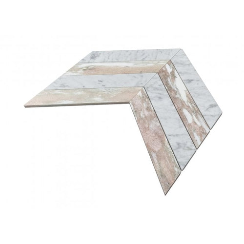 Carrara & Norwegian Rose Honed Marble 26.2cm x 43.1cm Chevron Mosaic Tile