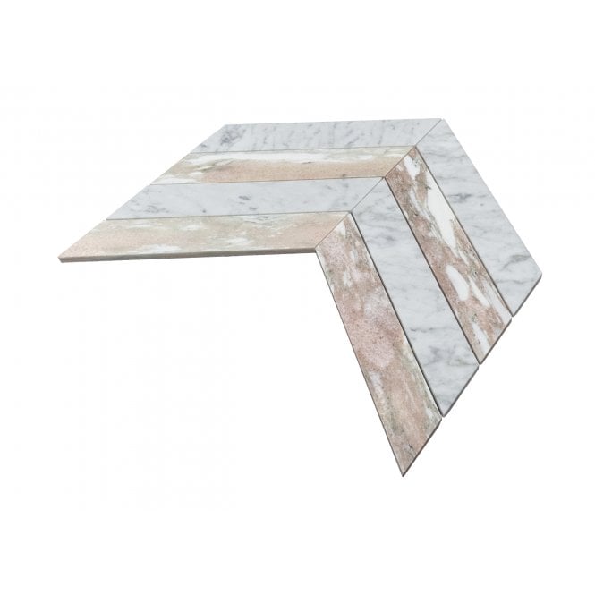 Carrara & Norwegian Rose Honed Marble 26.2cm x 43.1cm Chevron Mosaic Tile
