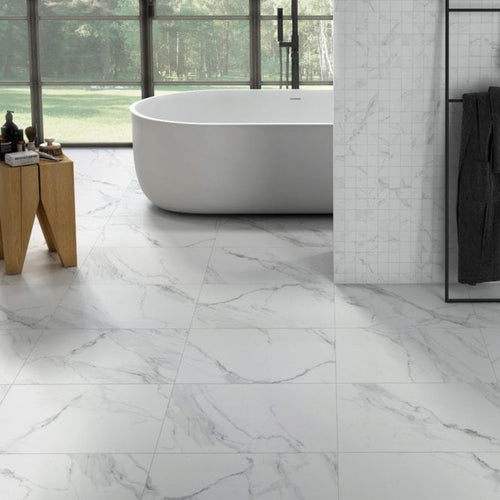 Carrera White Marble Effect Large Matt Porcelain Floor Tile 80cm x 80cm