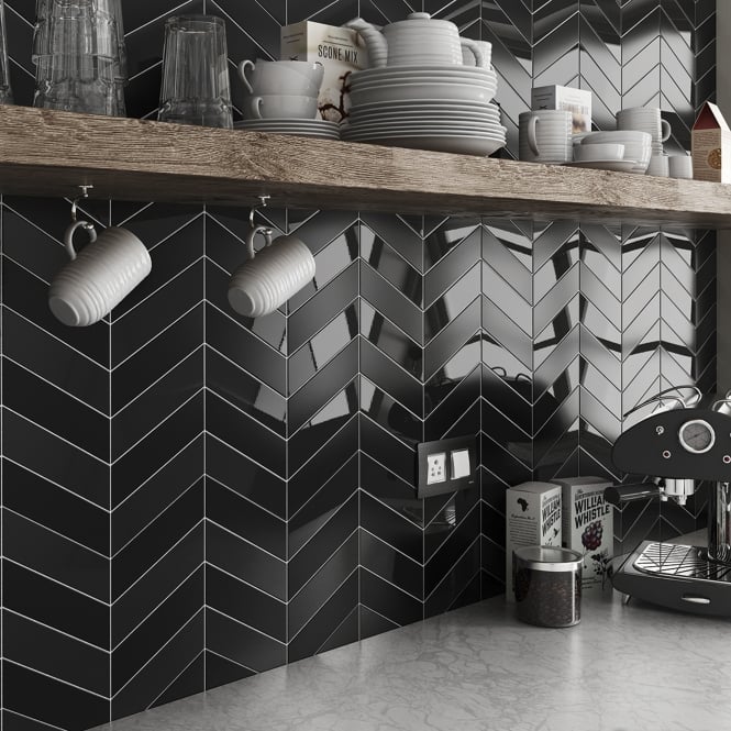 Equipe Chevron Black Right 18.6 x 5.2cm Wall Tile PER BOX