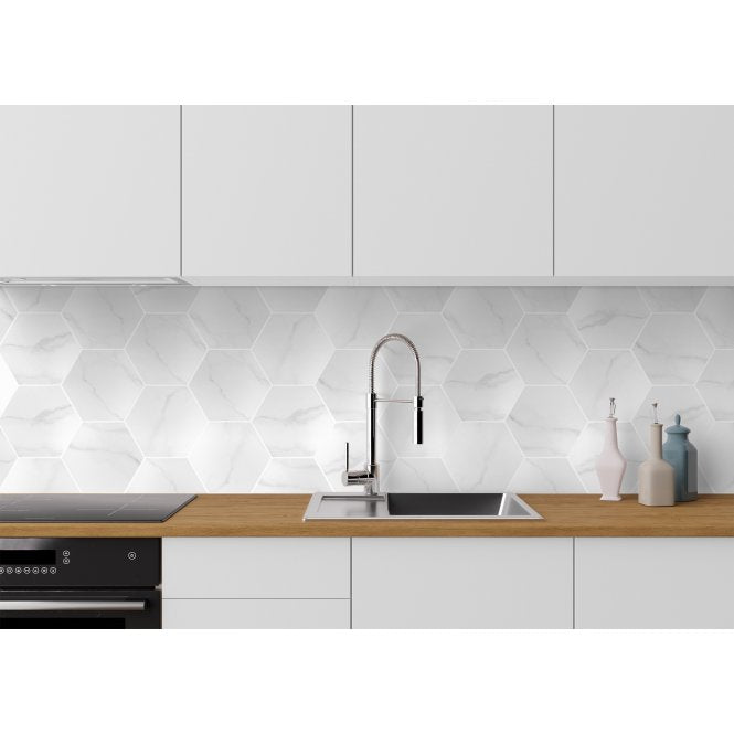 Made In Spain Cipriani Hexagon White Marble Effect Matt Porcelain 20cm x 24cm Wall and Floor Tile