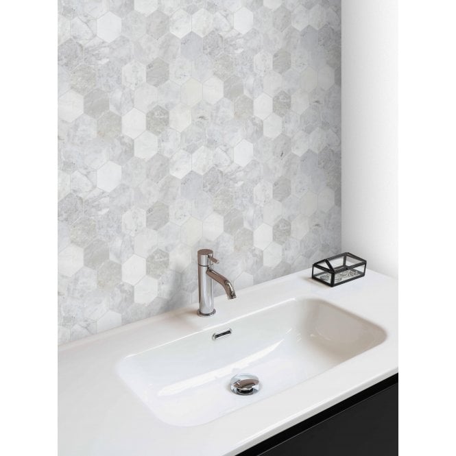 Dolomiti Carrara Honed Marble 28cm x 30.5cm Hexagon Mosaic Tile