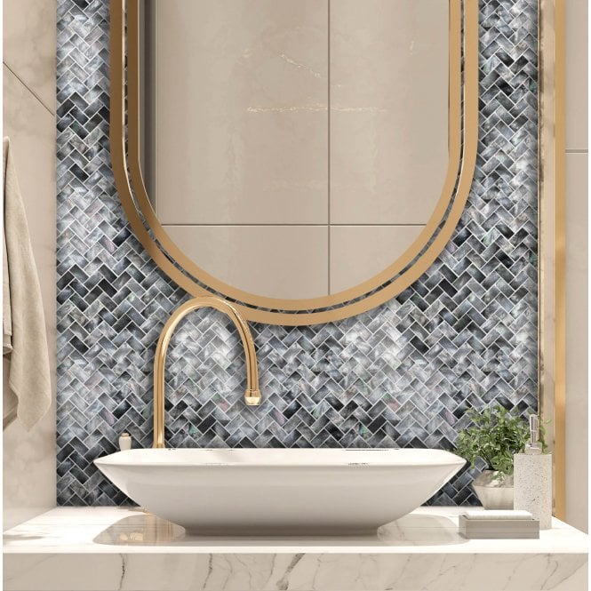Herringbone Mother Of Pearl Black (1.5cm x 3cm) 27cm x 28.7cm Mosaic Tile