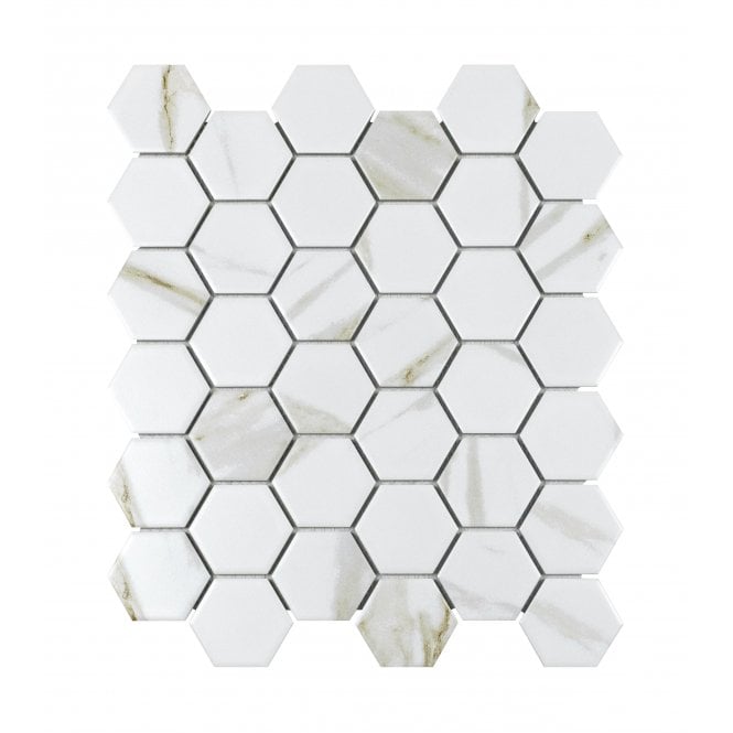 Hexagon Calacatta Matt (5.1cm x 5.9cm) 32.5cm x 28.1cm Mosaic Tile