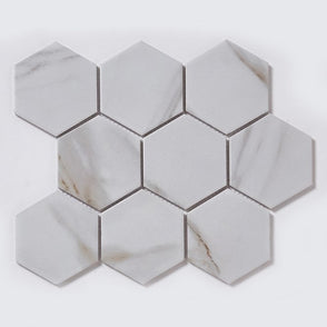 Hexagon Calacatta Matt (9.5cm x 9.5cm) 25.6cm x 19.7cm Mosaic Tile