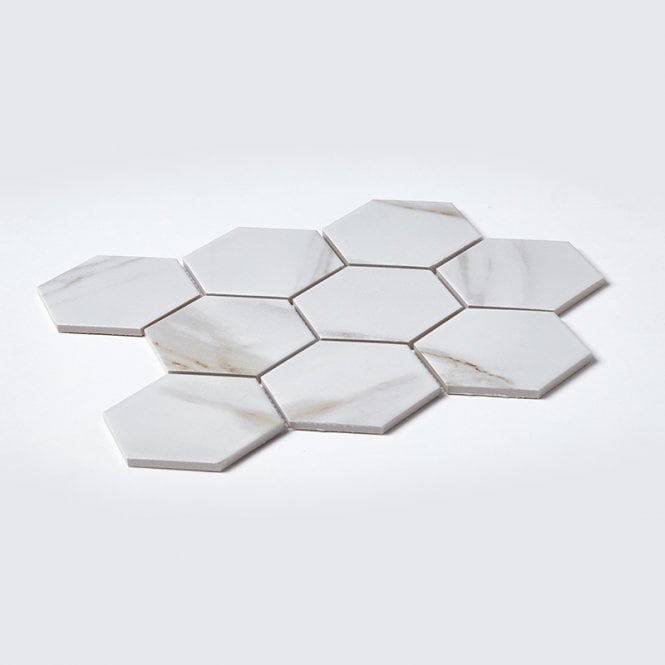 Hexagon Calacatta Matt (9.5cm x 9.5cm) 25.6cm x 19.7cm Mosaic Tile