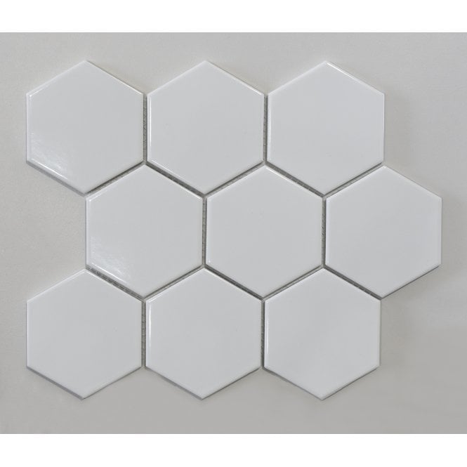 Hexagon Gloss White 29.55cm x 25.6cm (9.5cm x 11cm) Mosaic Tile
