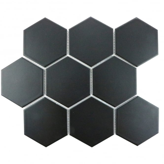 Hexagon XL Matt Black 29.55cm x 25.6cm (9.5cm x 11cm) Mosaic Tile