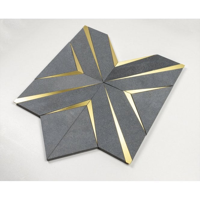 Labrynth Basalt Stone and Gold Brass 30.5cm x 30.5cm Mosaic Tile