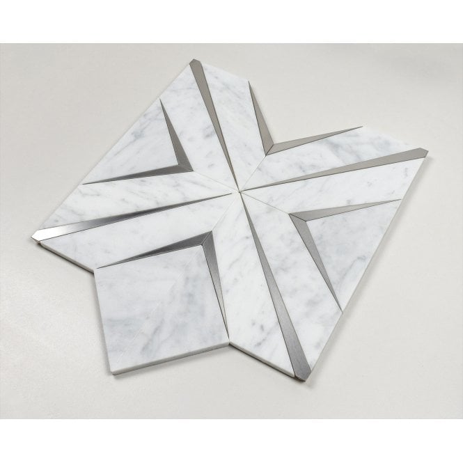 Labrynth Carrara Marble and Brushed Steel 30.5cm x 30.5cm Mosaic Tile