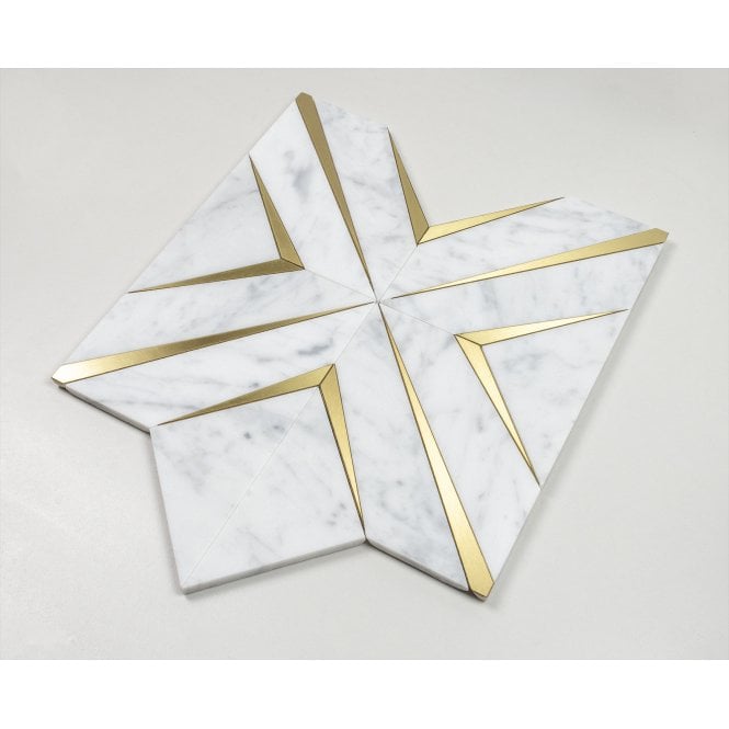 Labrynth Carrara Marble and Gold Brass 30.5cm x 30.5cm Mosaic Tile