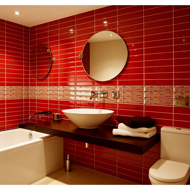 Equipe Metro Bevelled Gloss Red 7.5cm x 30cm Wall Tile
