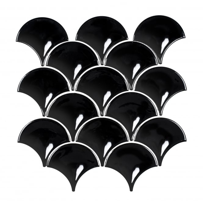 Midnight Black Gloss 27.3cm x 25.9cm Fan Mosaic Tile