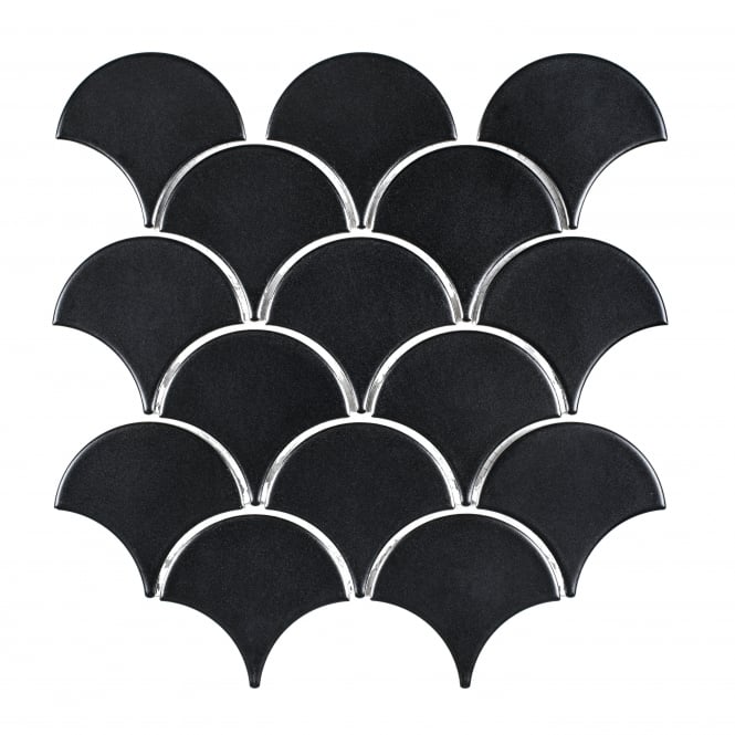Midnight Black Matt 27.3cm x 25.9cm Fan Mosaic Tile