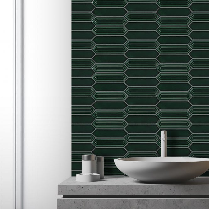 Picket Bottle Green Mosaic Tile (4.8cm x 19.8cm) 35.3cm x 25.5cm