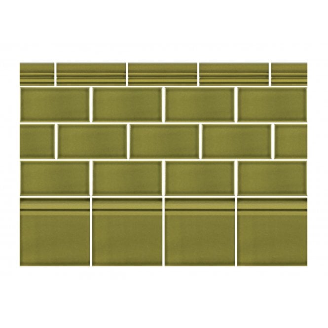 British Ceramic Tile Puddle Glaze Olive Green 5cm x 15cm Border Tile