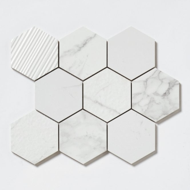 Q-Marmi Statuario Hexagon Mix Stone Mosaic (9.5cm x 9.5cm) 29.2cm x 34.1cm Wall & Floor Tile