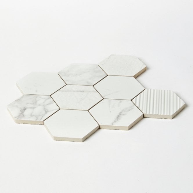Q-Marmi Statuario Hexagon Mix Stone Mosaic (9.5cm x 9.5cm) 29.2cm x 34.1cm Wall & Floor Tile