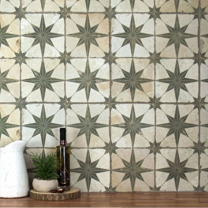 Scintilla Olive Green Star Pattern 45cm x 45cm Wall & Floor Tile
