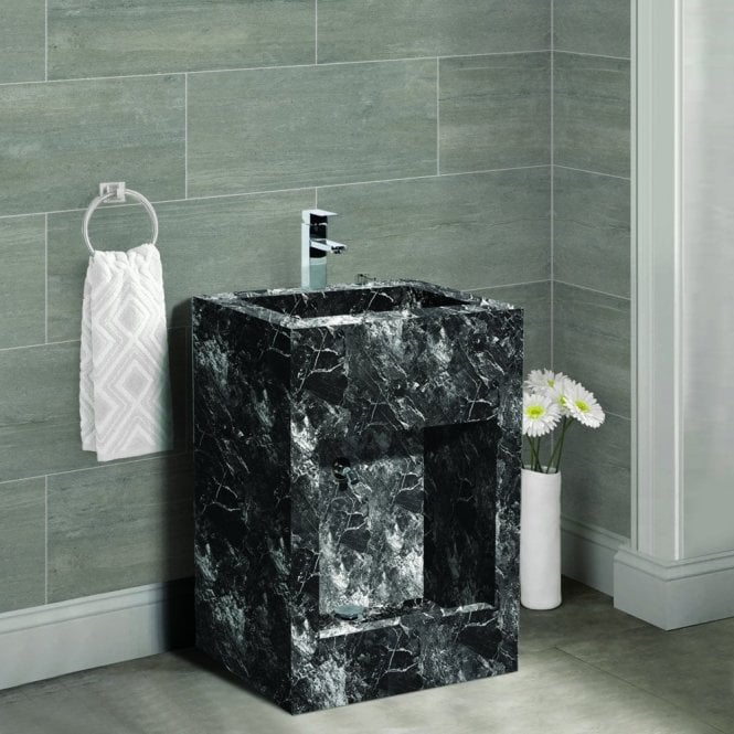 Sintered Stone Black Marble Dual-Level Wudu Basin, Tap and Fittings