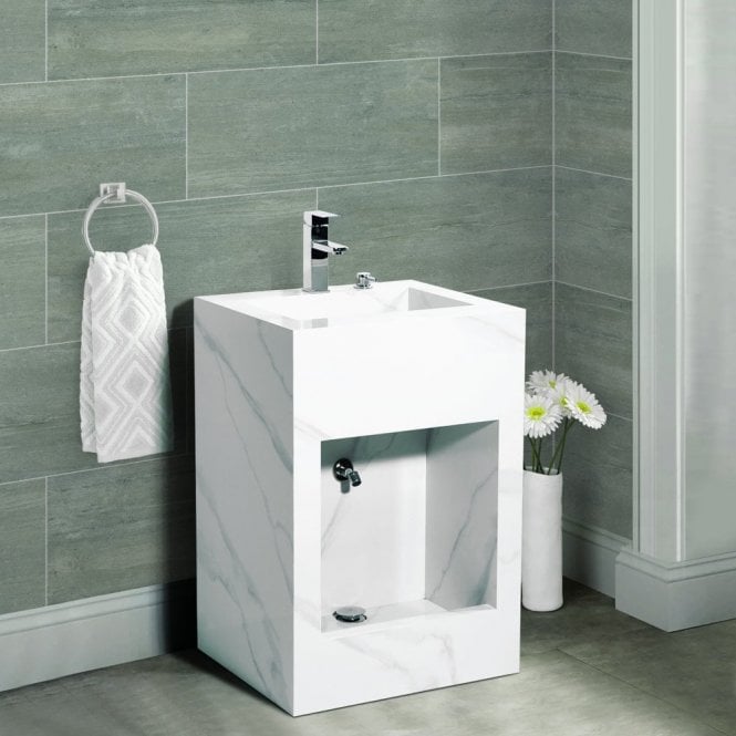 Sintered Stone White Marble Dual-Level Wudu Basin, Tap and Fittings
