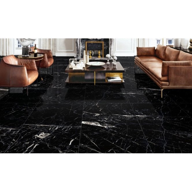 Sky Black Marble Effect Polished Porcelain 60cm x 60cm Wall & Floor Tile