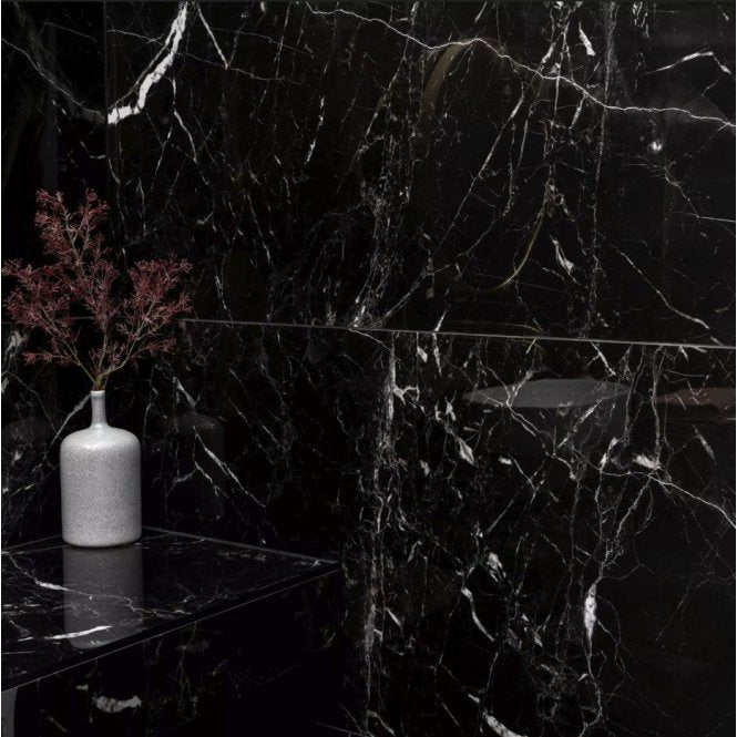 Sky Black Marble Effect Polished Porcelain 60cm x 60cm Wall & Floor Tile