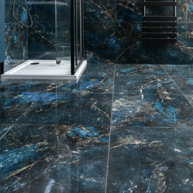 Sky Blue Marble Effect Polished Porcelain 60cm x 60cm Wall and Floor Tile