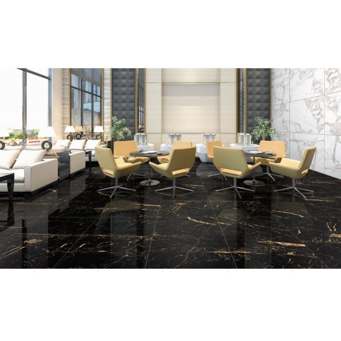 Sky Golden Black Marble Effect Polished Porcelain 60cm x 120cm Wall & Floor Tile