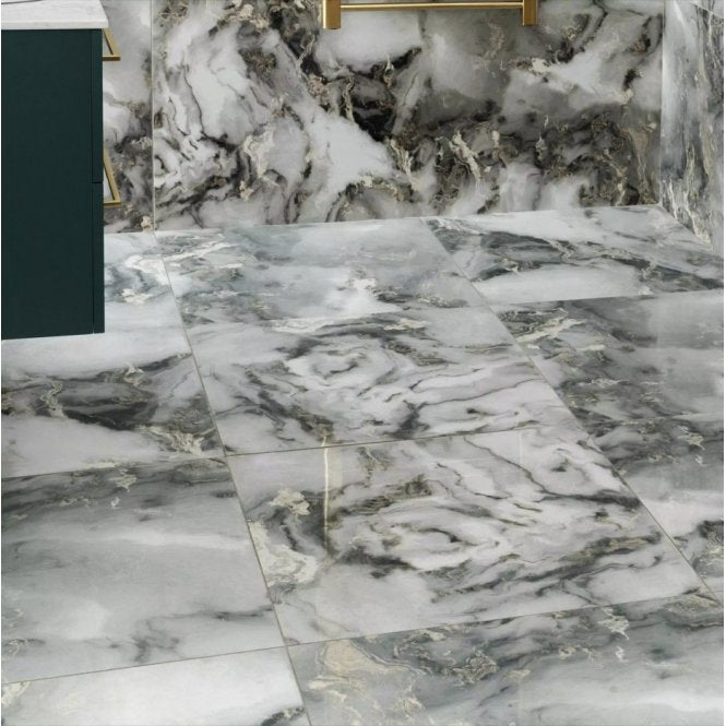 Sky Grey Marble Effect Polished Porcelain 60cm x 60cm Wall and Floor Tile
