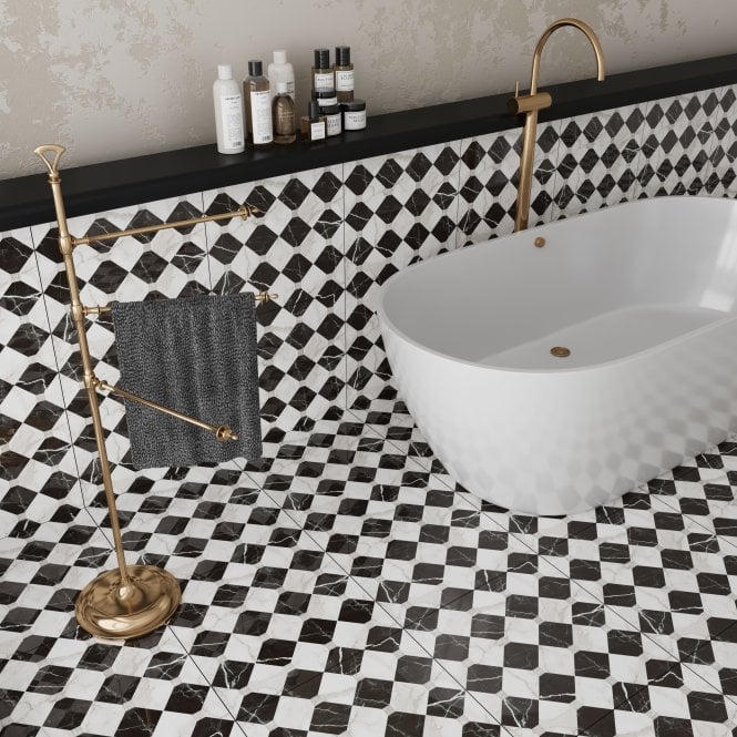 St Julian Black and White Marble Effect 45cm x 45cm Wall and Floor Tile