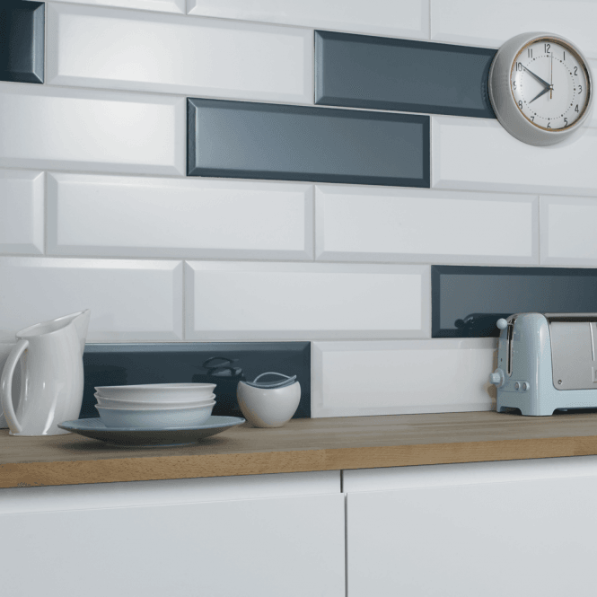British Ceramic Tile Sykes Blue Bevel Gloss Metro V&A 14.8cm x 49.8cm Wall Tile