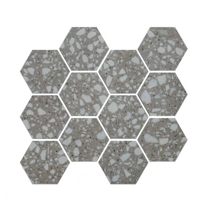 Terrazzo Hexagon Medium Grey Mosaic 26cm x 27.8cm Wall & Floor Tile